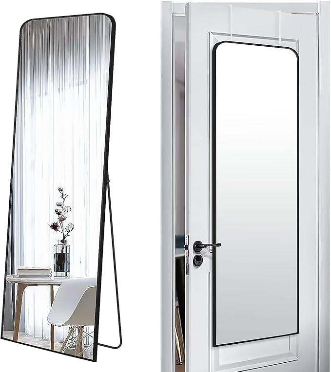 57x20 Door Hanging Full Length Mirror, Floor (Height 5.7ft just Body in 1.3ft) or Wall Mounted Metal Frame Rectangle Dressing Mirrors for Bedroom Bathroom Living Room 57 inch Black