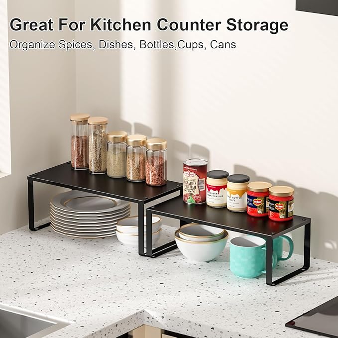15.75" Long Stackable Expandable Metal Shelf Organizer For Kitchen Cabinet Counter Storage, Set of 2 Small Metal Storage Shelves Spice Rack For Kitchen Cupboard Countertop,Sturdy, 30LBS Heavy Duty