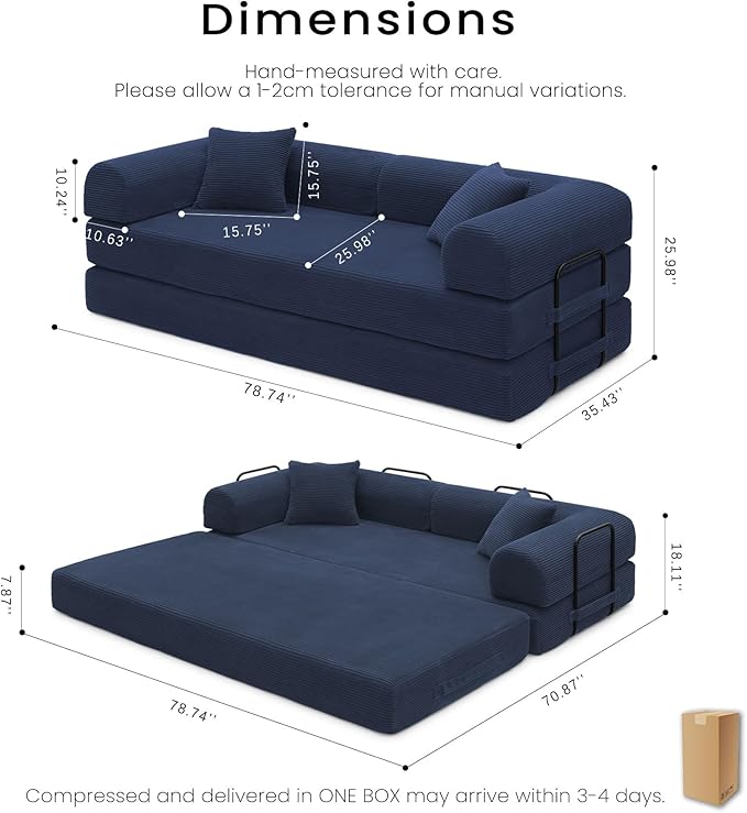 Compression Sofa - 79'' Convertible Sofa Bed, Boneless Couch in a Box, Modular Corduroy Foldable Sleeper Sofa with 2 Pillows, Loveseat Couches for Living Room (Corduroy Fabric, Blue)