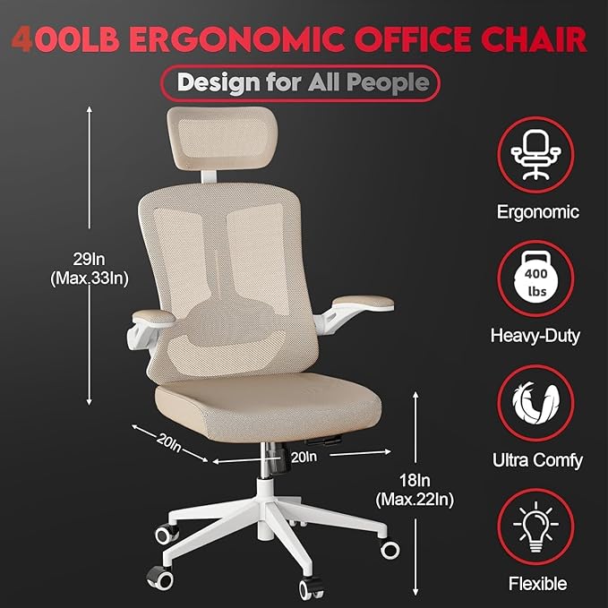 Ergonomic Office Chair - 400LB Comfy Desk Chairs with Adjustable Headrest and Lumbar Back Support, Mesh Computer Chairs with Wheels and Arms for Home Office, Study, Bedroom and Dorm (04khaki)