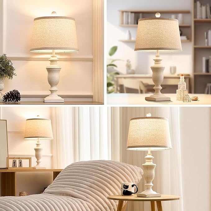 23" Farmhouse Table Lamps Set of 2, 3 Way Dimmable Lamps with 2 LED Bulbs and Rocker Switch, Vintage Nightstand Lamp for Bedroom Living Room Office End Table Entryway, White