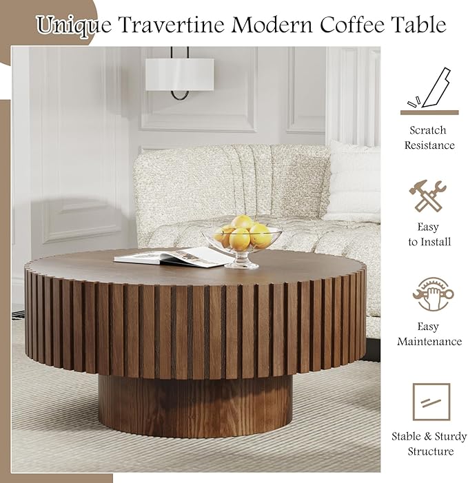 Fluted Coffee Tables 31.5" Round Wood Coffee Table Modern Handcraft Drum Coffee Table with Sturdy Pedestal Unique Coffee Tables for Living Room Home Office (Round Brown)