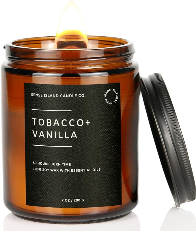 Tobacco Vanilla Wood Wick Candle for Men – Strong Masculine Scent, 100% Soy, 50-Hour Burn – Luxury Scented Candle with Crackling Wooden Wick for Home, Office, Gifts