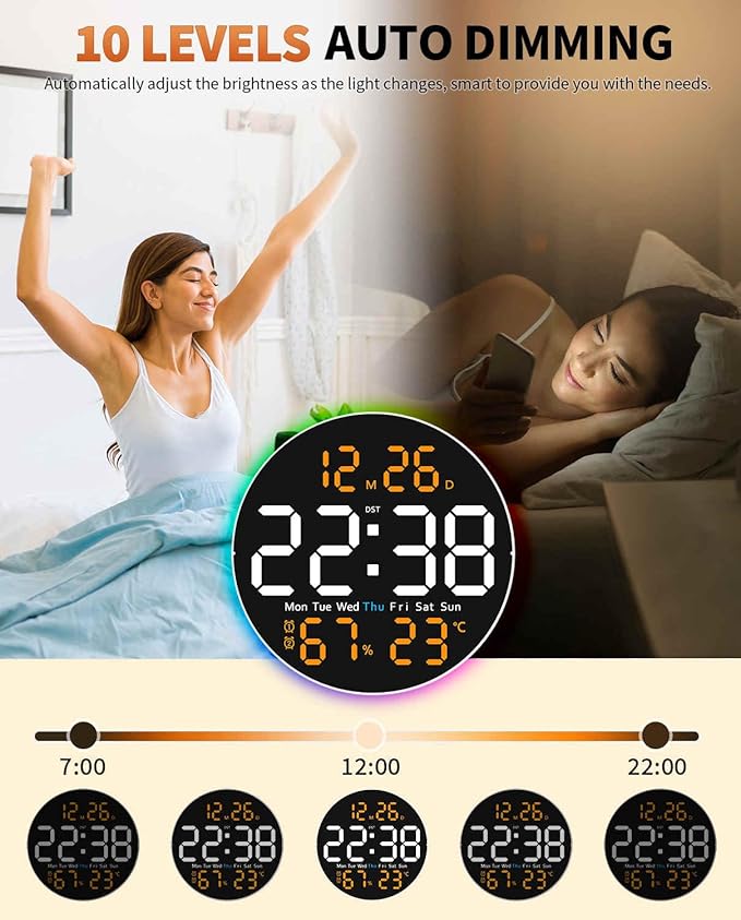 10 Inch Large Digital Wall Clock with 9 Color Changing Remote Control, Date Week Temperature, Auto Brightness Dimmer Big Clock Night Lights,Orange