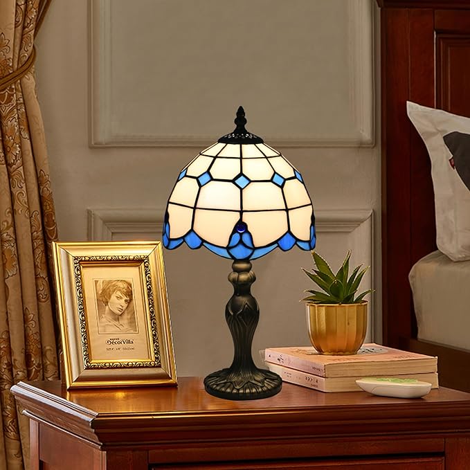 Tiffany Table Lamp, Tiffany Style Stained Glass Lamp, 8 Inch Small Antique Bedside Lamp, for Nightstand Bedroom Living Room Home Office, Blue, Include LED Bulb