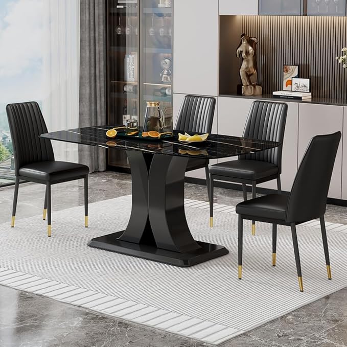Modern Dining Table & Matching 4 Chairs, Rectangular - Black Marble Top with Leather Upholstery, Perfect for Dining Room (Set of 1 Table + 4 Chairs)