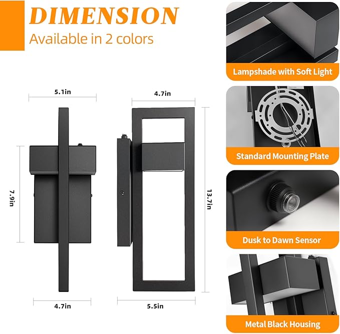 tewei LED Outdoor Wall Sconce Dusk to Dawn Outdoor Lighting, Modern Exterior Lighting Fixtures, Black LED Front Porch Lights Outside Wall Mount Lights for House, Hallway, Warm White 3000K, 2 Pack