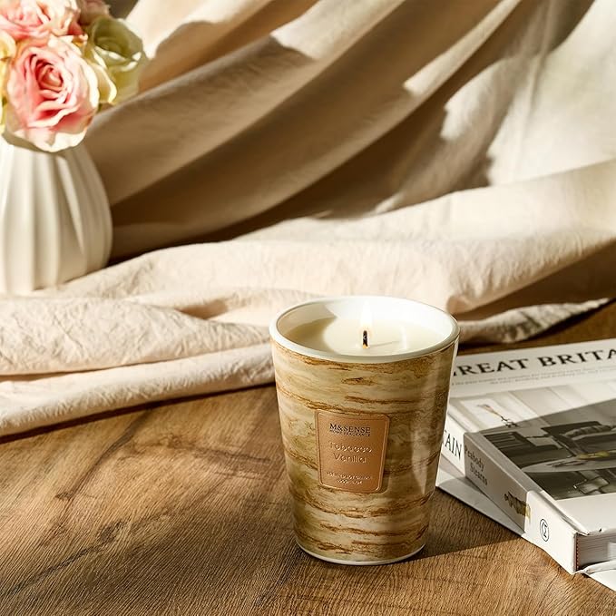 M&SENSE Tobacco Vanilla Scented Soy Candle, 3 Wick Highly Scented 14.1 Oz 80H, Aromatherapy Christmas Gift for Women and Men