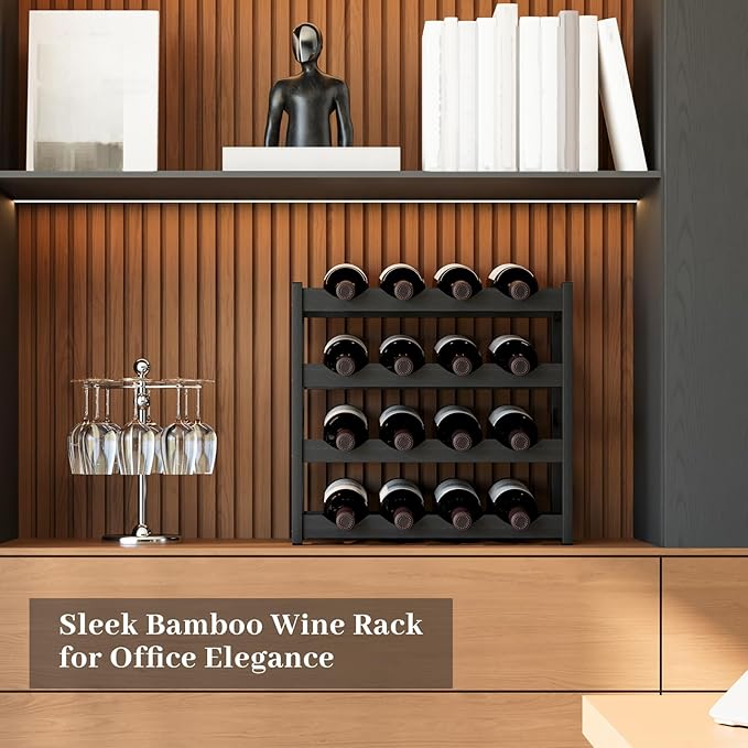 Wine Rack，Bamboo Wine Storage Cabinet Shelf，Countertop Wine Shelf- Freestanding Wine Holder for Kitchen & Pantry (Black, 4-Tier)