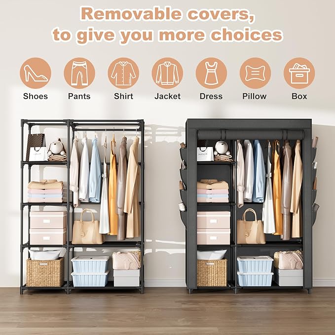 Portable Closets for Hanging Clothes, Wardrobe Closet with Hanging Rod and Clothing Storage Shelves, 8 Side Pockets, Free Standing Clothes Rack with Cover, for Bedroom and Dorm, Black