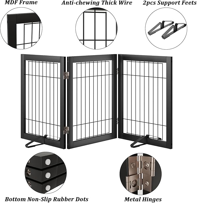 Wire Dog Gate Indoor, Foldable Dog Gates for Doorways, Stairs, 24-Inch Tall Freestanding Pet Gates, Puppy Fence (3 Panel, Black)