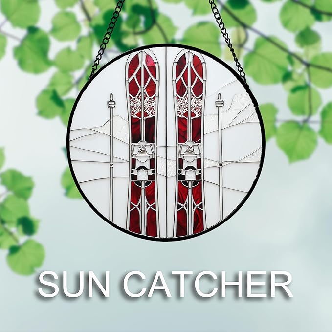 Stained Glass Window Hanging 4 Pcs Set Winter Skiing Red Christmas House 6.3" - Suncatcher Door Garden Sun Catcher Decor Birthday Mother's Day for Mom Woman Nana Friend