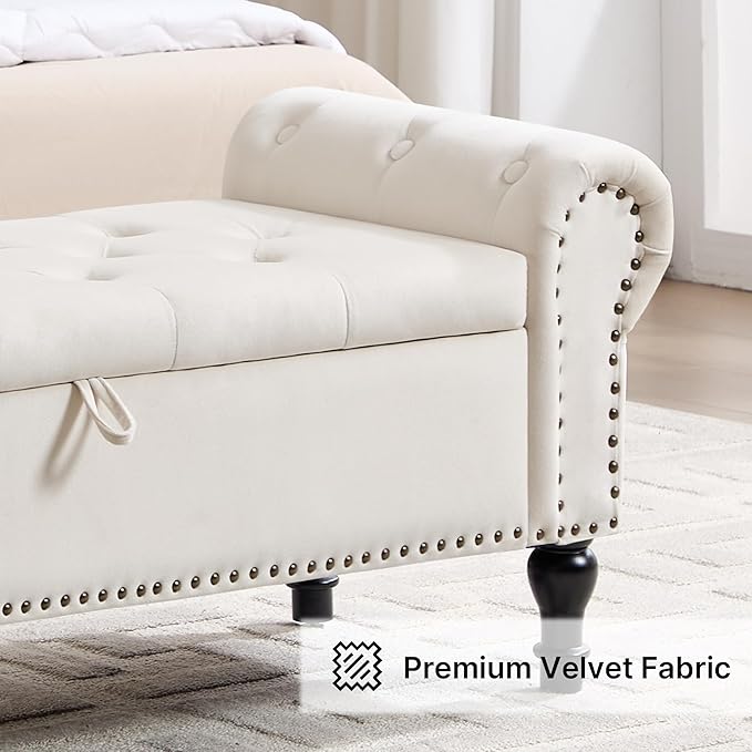 Storage Bench for Bedroom, 51" Upholstered End of Bed Bench, Velvet Queen Size Benches with Rolled Arms, Tufted Button Storage Long Ottoman, Living Room, Entryway, Beige