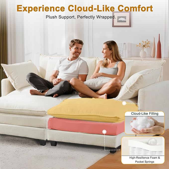 77" Cloud Chenille Sectional Sofa with 2 Ottomans｜Modular Couch with 29.1" Deep Seat｜FSC Solid Wood Frame｜Easy Assembly & 1YR Guarantee｜for Apartment Living Room (Beige, 77 Inch（U）)