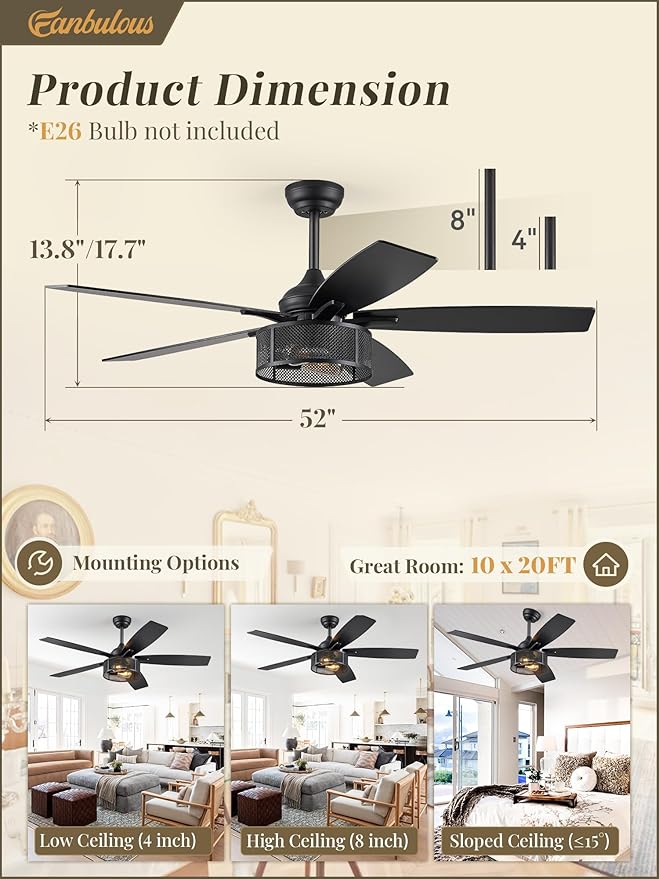 Fanbulous Farmhouse Ceiling Fans with Lights and Remote, 52 Inch Industrial Black Caged Ceiling Fans for Living Room Bedroom Kitchen, 6 Speed Reversible Quiet DC Motor, Dual Finish 5 Blades
