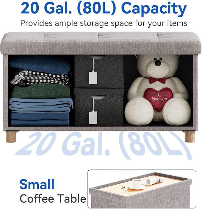 BRIAN & DANY 30 Inches Folding Storage Ottoman Bench, Ottoman with Storage Bench for Bedroom, Living Room, Entryway, Foot Rest with Legs, Light Gray