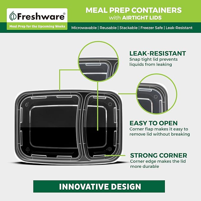 Freshware Meal Prep Containers [150 Pack] 2 Compartment with Lids, Food Storage Containers, Bento Box, BPA Free, Stackable, Microwave/Dishwasher/Freezer Safe (28 oz)