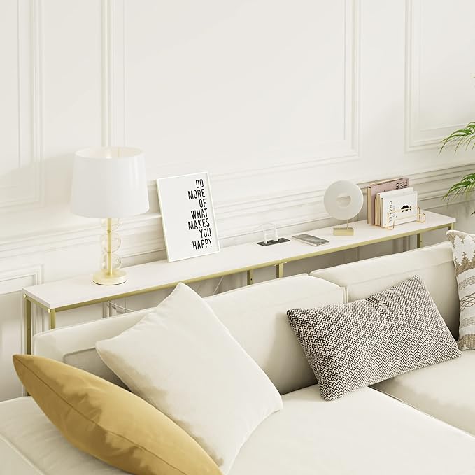 70.9 Inch Console Table with Power Outlet，Modern Narrow Long Sofa Table Behind Couch,Skinny Entry Table with Gold Metal Frame for Entryway,Living Room, Hallway,Classic White