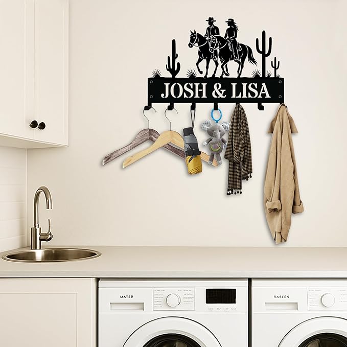 NIWAHO Personalized Western Couple Key Holder – Custom Metal Wall Sign with Hooks, Cactus and Horseback Riding Scene for Rustic Entryway or Desert Cabin Decor