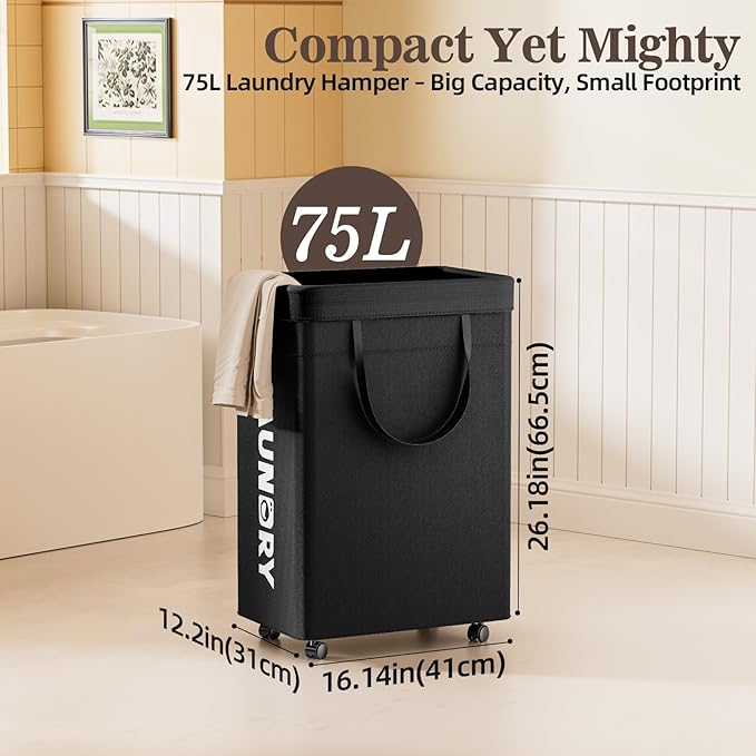YECAYE 75L Rolling Laundry Hamper, Easy-to-Assemble Clothes Hamper with Wheels, Rolling Dirty Clothes Basket, Slim Basket for Bedroom, Bathroom, or Laundry Room, Black