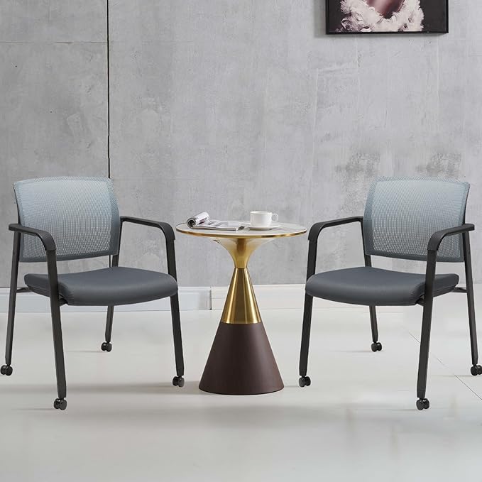 CLATINA Grey Waiting Room Chair with Wheels Mesh Back Stacking Arm Chairs with Upholstered Fabric Seat and Ergonomic Lumbar Support for Office School Church Guest Reception