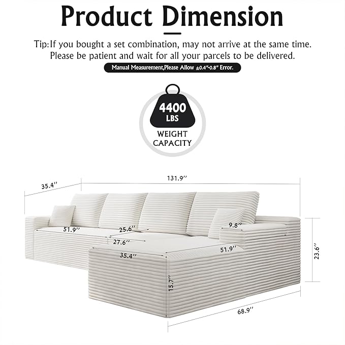 3-Piece Boneless Modular Sectional Sofa, Cloud Couch with Right Facing Chaise, Oversized Deep Seat, Soft Corduroy Fabric, Sectional Couch for Living Room-White