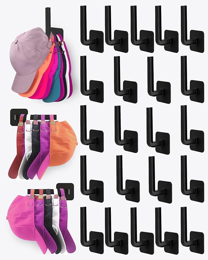 Multi-Purpose Hat Organizer (22-Pack), Strong Adhesive Hat Hooks for Wall, Two Mounting Options, Black