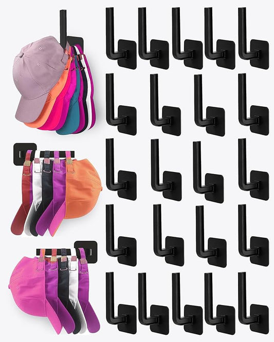 Multi-Purpose Hat Organizer (22-Pack), Strong Adhesive Hat Hooks for Wall, Two Mounting Options, Black