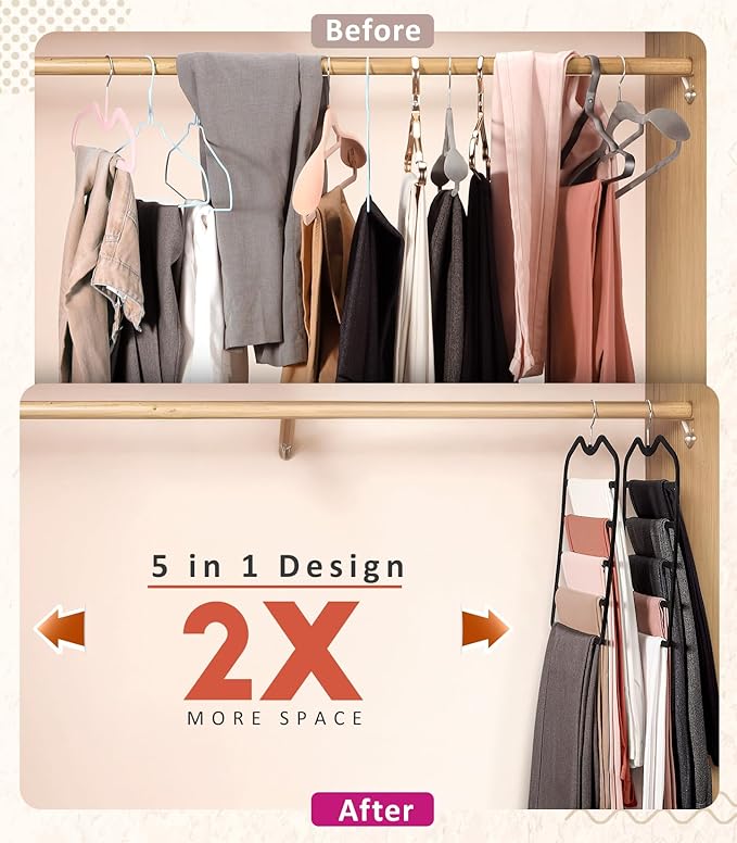 Pants Hangers Space Saving,5 Pack Velvet Short Neck Pants Hangers,5 Tier Space Saving Velvet Hanger,Closet Organizers and Storage Dorm Room Essentials for College Students Girls Guys Holds Pant,Jean