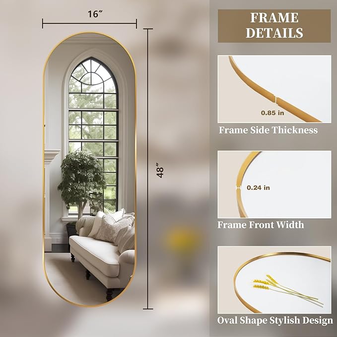 Oval Full Length Mirror, 48"×16" Wall-Mounted Mirror with Metal Frame, Ultra-Clear Explosion-Proof Dressing Mirror, Simple and Classic Deco for Cloakroom/Bedroom/Living Room, Gold