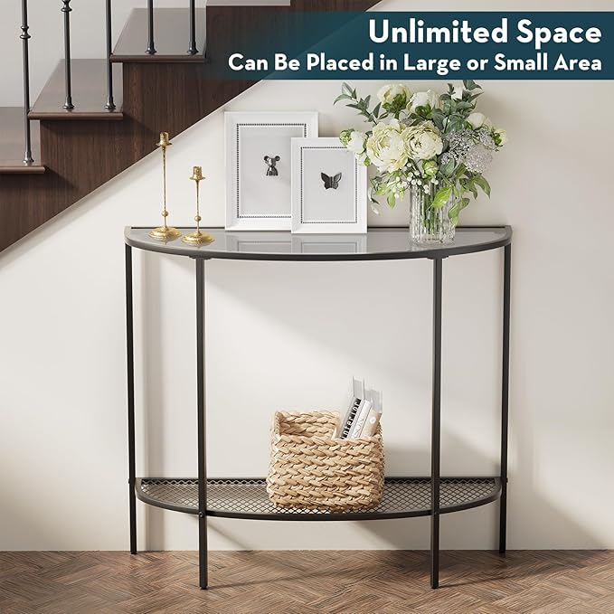 SAYGOER Glass Console Table 2 Tier Half Moon Entryway Table Modern Couch Table Small Entry Way Tables for Living Room Hallway, Easy Assembly, Gray Glass