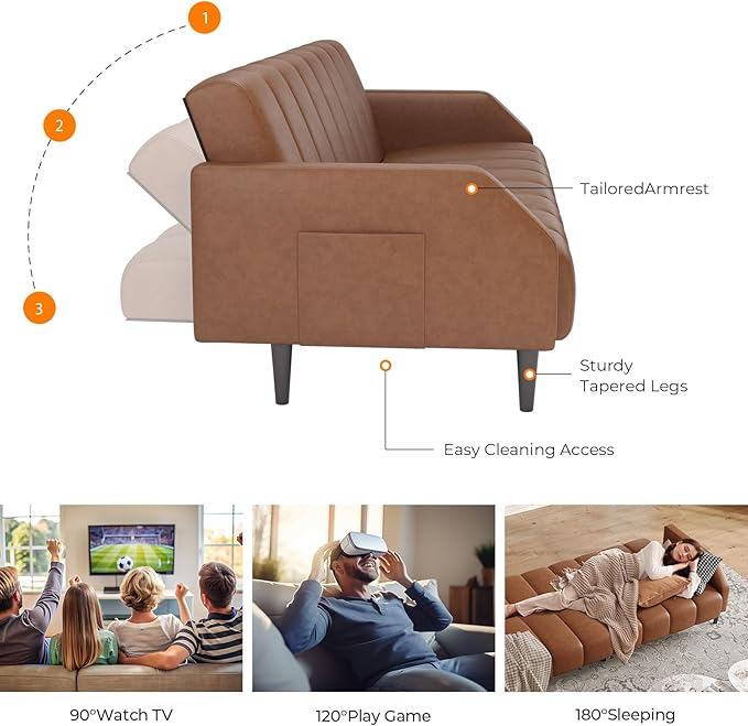 Fadware Faux Leather Couch, Convertible Futon Sofa Bed with Adjustable Backrest, Mid Century Leather Sofa Loveseat with Side Pockets& Metal Leg, Modern Leather Sleeper Sofa for Living Room Bedroom