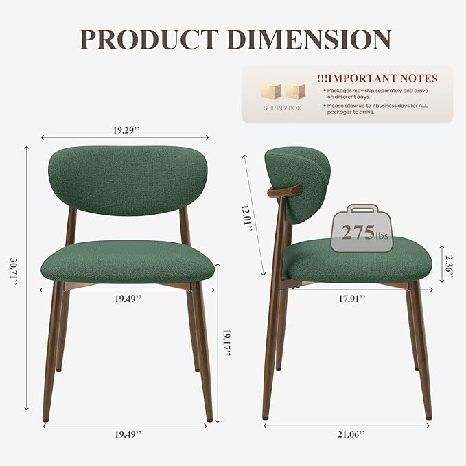 Dining Chairs Set of 4, Upholstered Dining Room Chairs with Metal Legs and Anti Slip Pads, Curved Back Kitchen Chair for Home and Restaurant Use, Green