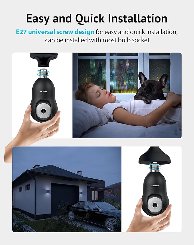 LaView 4MP Bulb Security Camera 5G& 2.4GHz WiFi, 360°2K Security Cameras Wireless Outdoor Indoor Full Color Day and Night, Motion Detection, Audible Alarm, Easy Installation, Compatible with Alexa