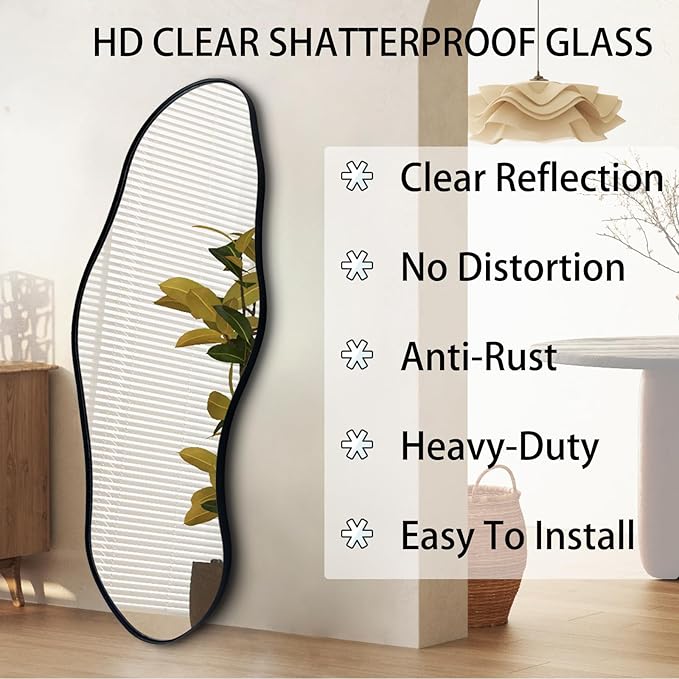 Irregular Mirror Full Length, 63"x22.5" Large Asymmetrical Wall Mirror, Black Metal Frame Abstract Decorative Mirrors for Living Room Bathroom Bedroom Hallway Entryway Fireplace