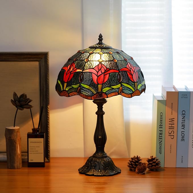 Tiffany Lamps Red Tulip Style Stained Glass Table Lamp Desk Bedside Reading Light 12X12X18.5 Inches with Bronze Resin Base Applicable to Bedroom Living Room Office