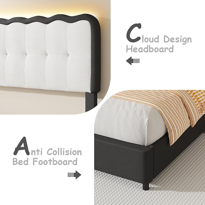 BarnFurin Queen Bed Frame with LED Lights, Queen Size Bed Frame with Headboard LED Lights, Upholstered Platform Bed with Cloud Headboard, No Box Spring Required, Easy Assembly, Black