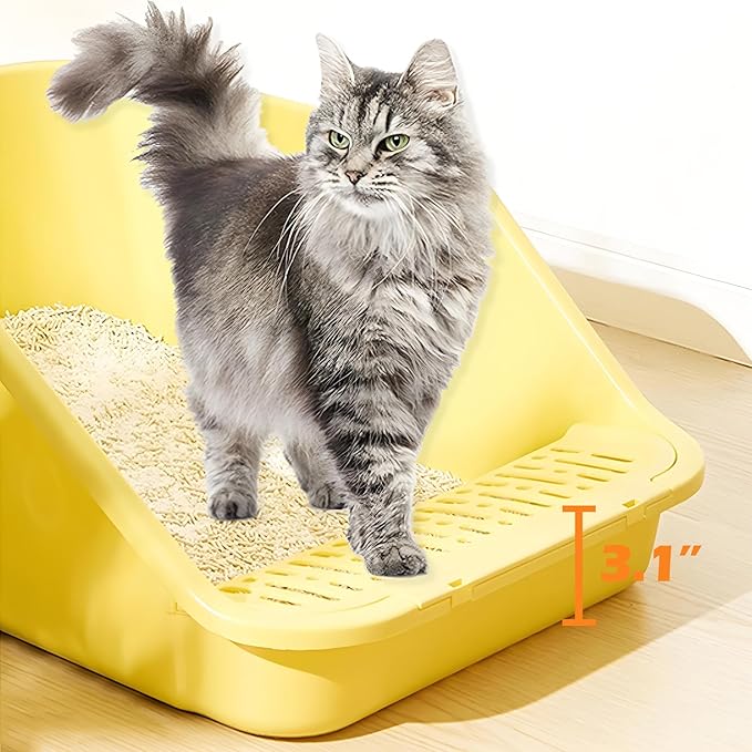 SpaceTime Large Cat Litter Box with High Sides,Cat Boxes for Indoor Cats,Cat Litter Pan for Kitty,Litter Box with Low Entry,Easy to Clean,Anti-Splashing(White-Yellow)