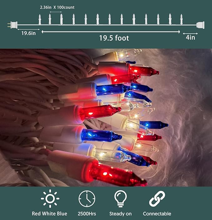 Red White Blue 4th of July Patriotic Day Decorations Lights 100 Count Mini String Lights with White Wire for Outdoor Indoor Christmas ,Holiday,Party, Independence Day Decor,UL Certified (21feet)