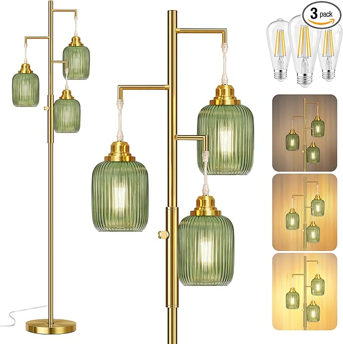 Rottogoon Dimmable Gold Floor Lamp for Living Room- 3 Light Green Glass Floor Lamps, Vintage Brass Tree Floor Lamps with 3X 6W LED Bulbs, Modern Standing Tall Lamp for Bedroom, 68", Gold & Green Glass
