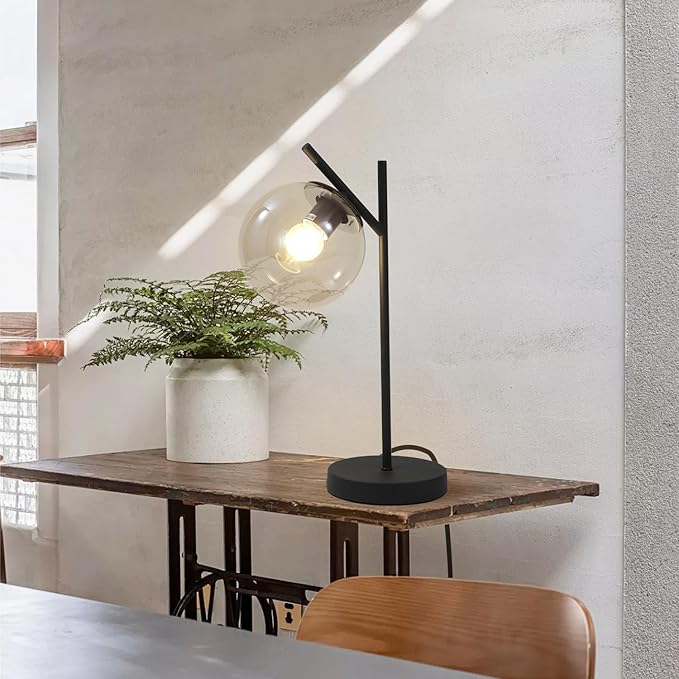 Mid Century Table Lamp Vintage Bedroom Desk Lamp Black Nightstand Lamp Contemporary Clear Glass Globe Bedside Lamp for Office Study Room