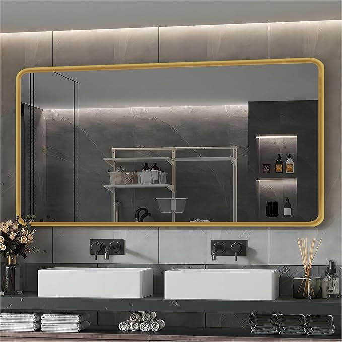 Gold Framed Mirrors for Bathroom,60 x 36 Inch Rounded Conner Rectangle Mirror for Wall, Matte Gold Vanity Mirror with Tempered Glass,Anti-Rust,Hangs Horizontally or Vertically