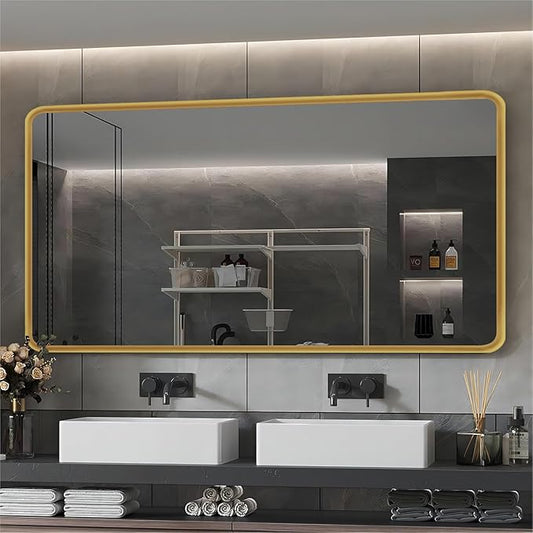 Gold Framed Mirrors for Bathroom,60 x 36 Inch Rounded Conner Rectangle Mirror for Wall, Matte Gold Vanity Mirror with Tempered Glass,Anti-Rust,Hangs Horizontally or Vertically