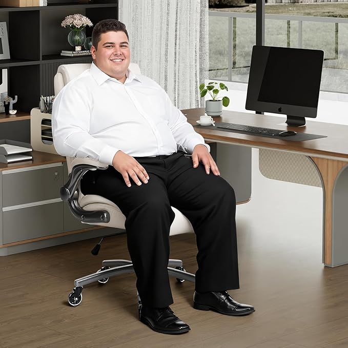 Ergonomic High-Back Executive Office Chairs, Heavy Duty Home Computer Chair with Lumbar Support, Flip-Up Arms, and PU Leather Upholstery, Beige