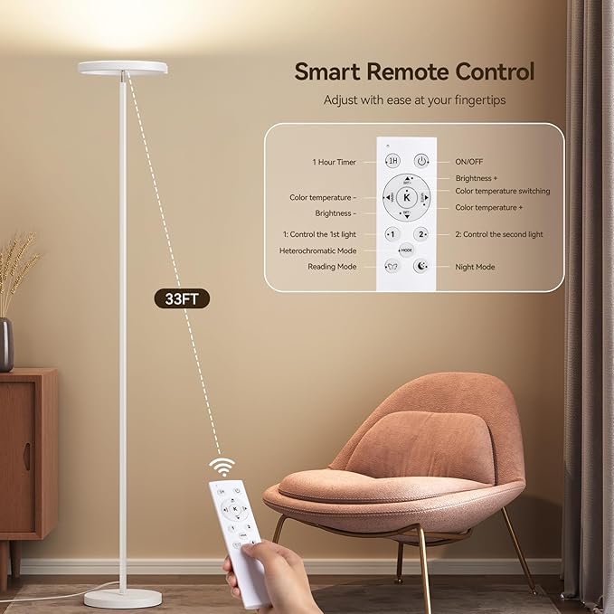 SUNMORY Floor Lamps for Living Room, 28W/1600LM Bright LED Floor Lamp with Remote & 2 Rotatable Lights, 74" Dimmable Tall Standing Lamp, Modern Reading Torchiere Corner Lamp for Bedroom Office, White