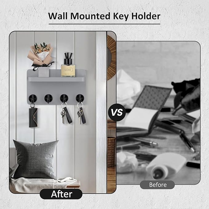 Nekon Key Holder Wall Mount, 8.5 Inch Small Home Decor Wooden Wall Organizer with 4 Hooks and Shelf, Wall Decor for Living Room Entryway Kitchen (Gray)