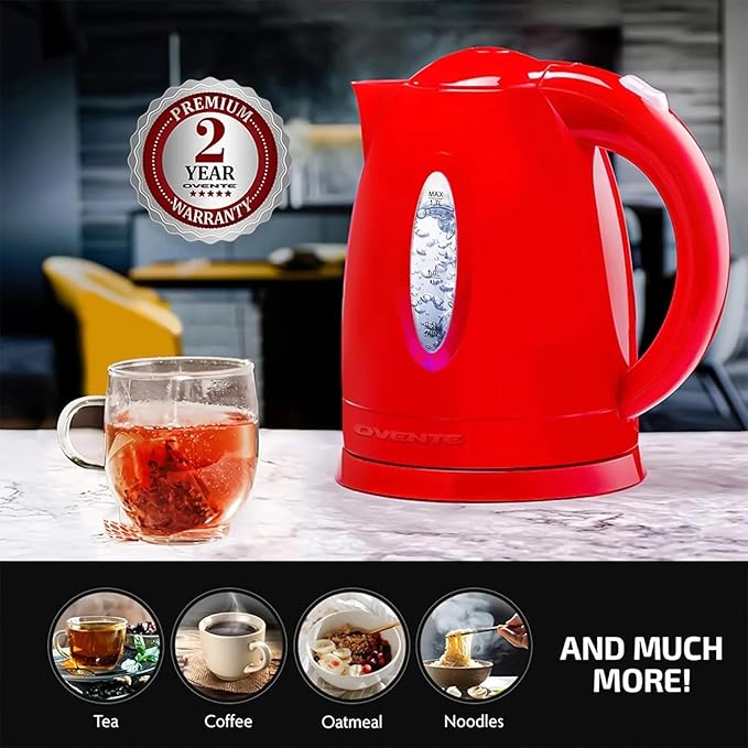 OVENTE Electric Kettle, 1.7L Fast Boiling Water Heater for Coffee or Tea, BPA Free with Water Level Gauge, Auto Shut-Off, Boil-Dry Protection, Indicator Light and Removable Filter, Red KP72R