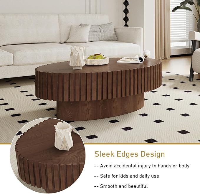 Oval Drum Coffee Table 43.3" Wooden Coffee Tables Handcrafted Fluted Drum Coffee Table Mid Century Modern Luxury Center Table Vintage Farmhouse Center Table for Living Room (Oval Dark Brown)
