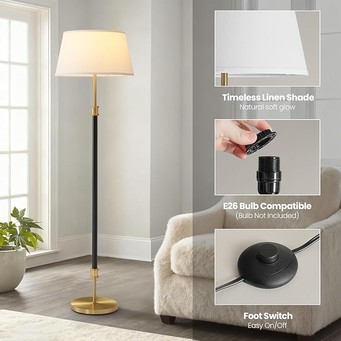 Modern Mid Century Floor Lamp with Soft Linen Shade, 63” Tall Black & Brass Standing Lamp, Weighted Base, Warm Ambient Light for Living Room, Bedroom & Reading Corners (Black & Gold)