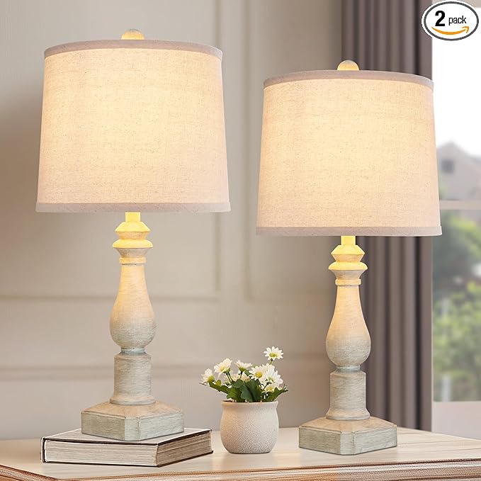 RORIANO 23'' Set of 2 Rustic Table Lamps for Living Room Bedroom, Traditional Farmhouse Resin Bedside Desk Lamps for Study Room Nursery Office, 2 Bulbs Included